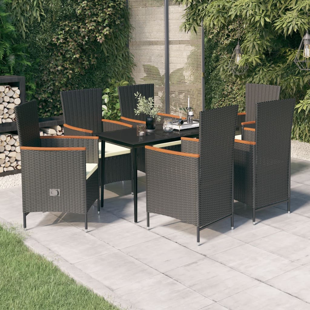 vidaXL 7 pcs conjunto de jantar para jardim com almofadões preto