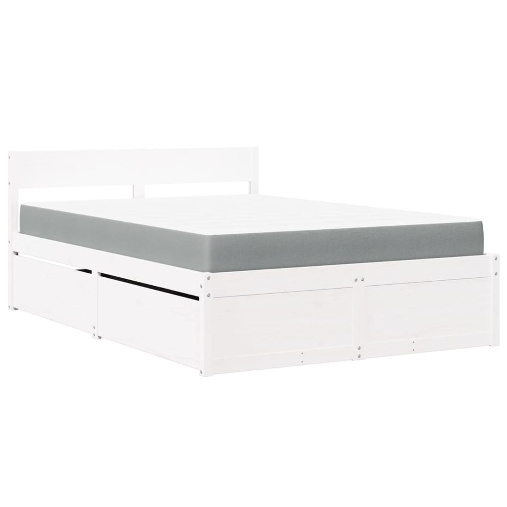 vidaXL Cama com gavetas e colchão 140x190 cm pinho maciço branco