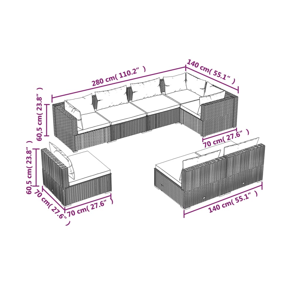 vidaXL 8 pcs conjunto lounge de jardim c/ almofadões vime PE cinzento