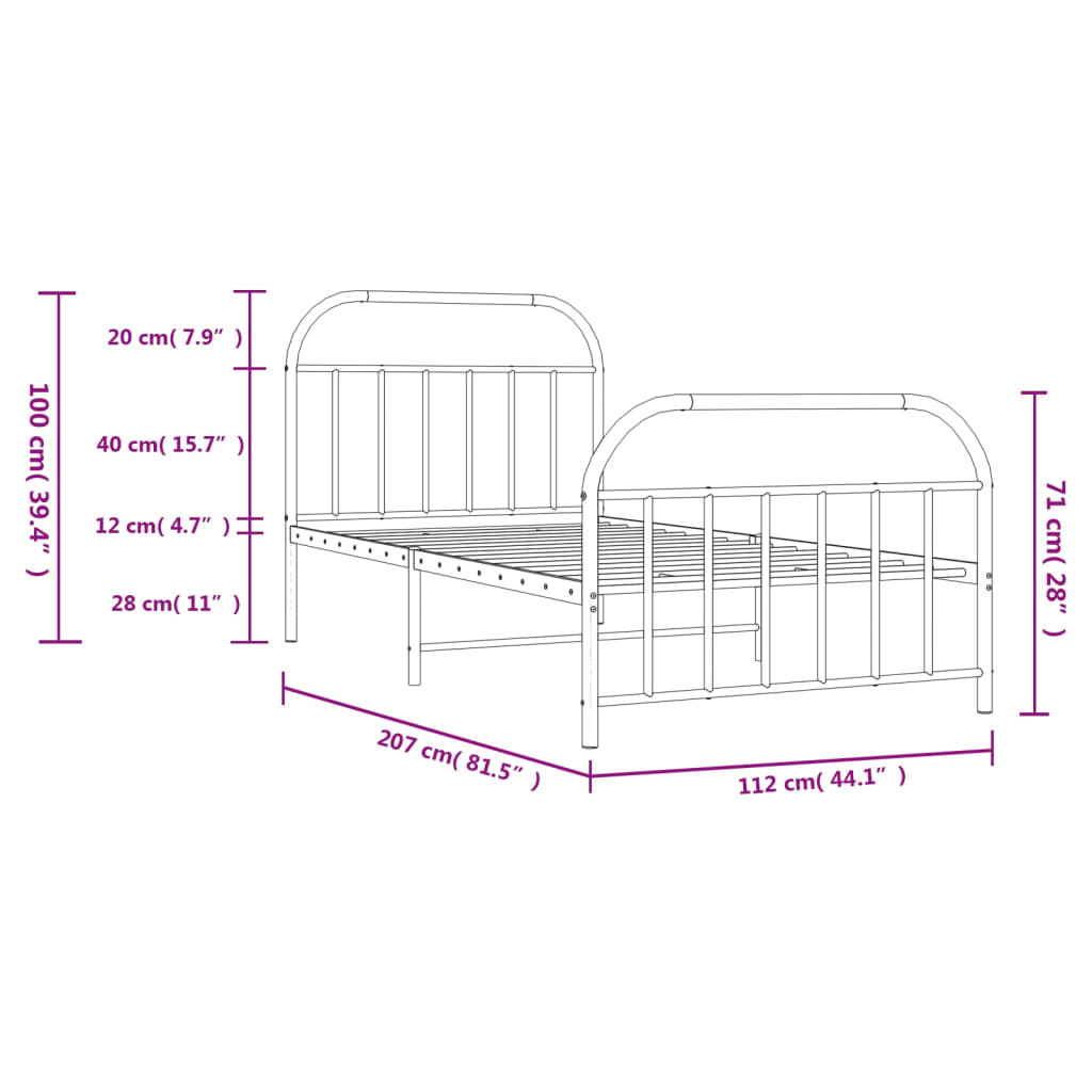 vidaXL Estrutura de cama com cabeceira e pés 107x203 cm metal branco
