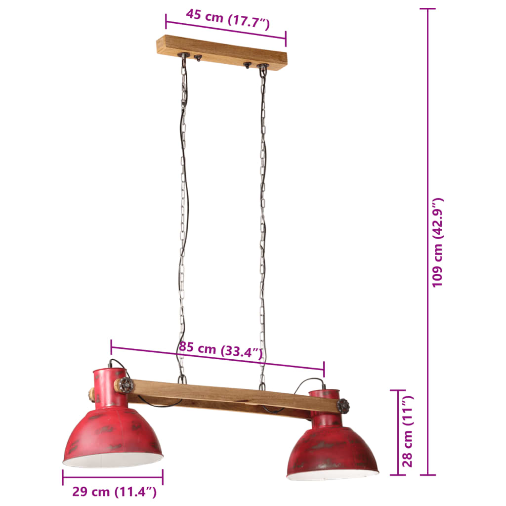 vidaXL Candeeiro suspenso 25 W 85x28x109 cm E27 vermelho desgastado