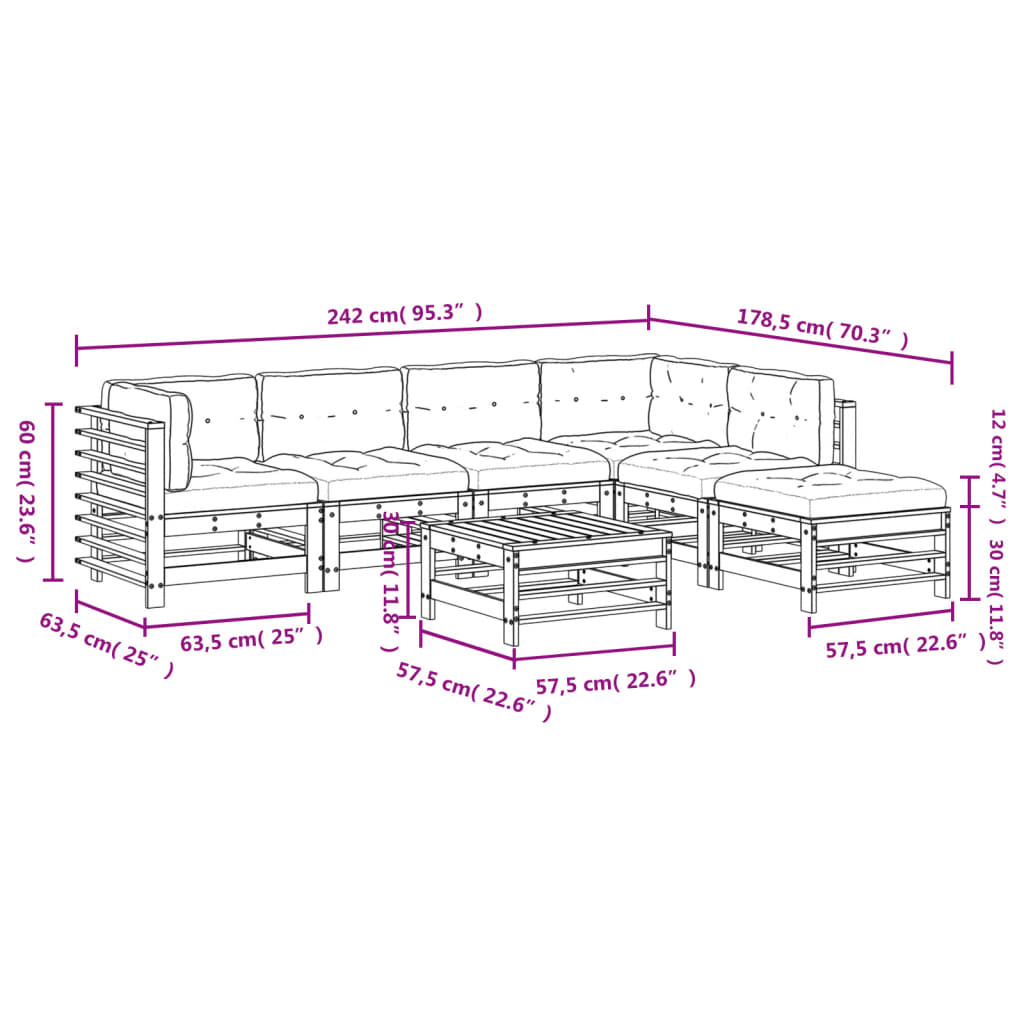 vidaXL 7 pcs conjunto lounge jardim c/ almofadões madeira maciça