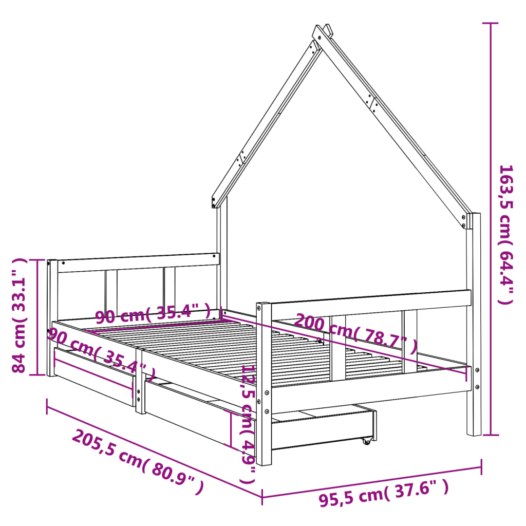 vidaXL Estrutura cama infantil c/ gavetas 90x200 cm pinho maciço preto