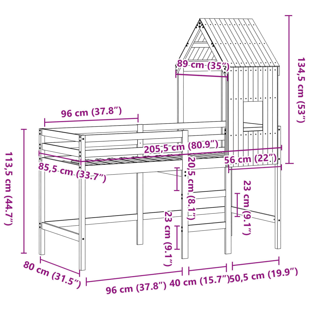 vidaXL Cama alta c/ escada e telhado 80x200 cm pinho maciço