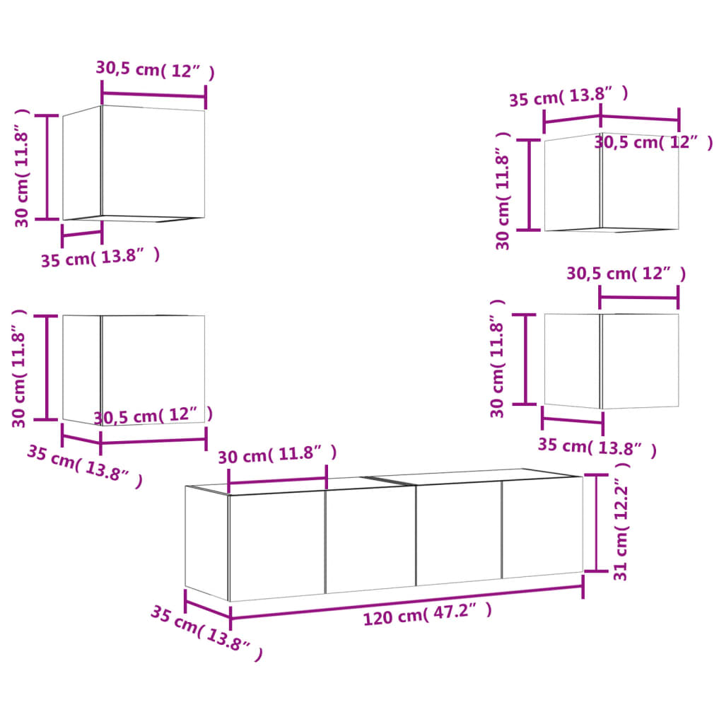 vidaXL 6 pcs móveis de parede p/ TV c/ LEDs derivados de madeira preto