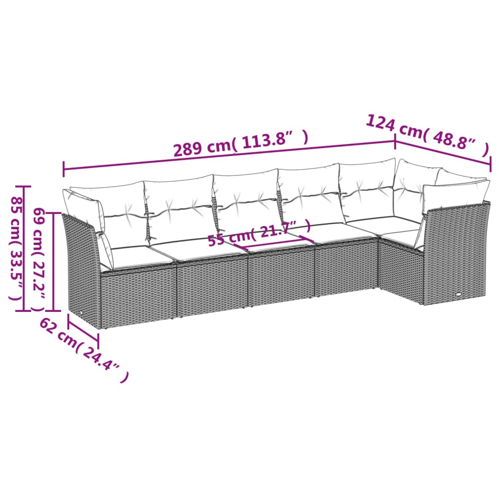 vidaXL 6 pcs conjunto de sofás jardim c/ almofadões vime PE castanho