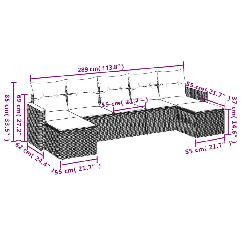 vidaXL 7 pcs conjunto sofás p/ jardim c/ almofadões vime PE cinzento