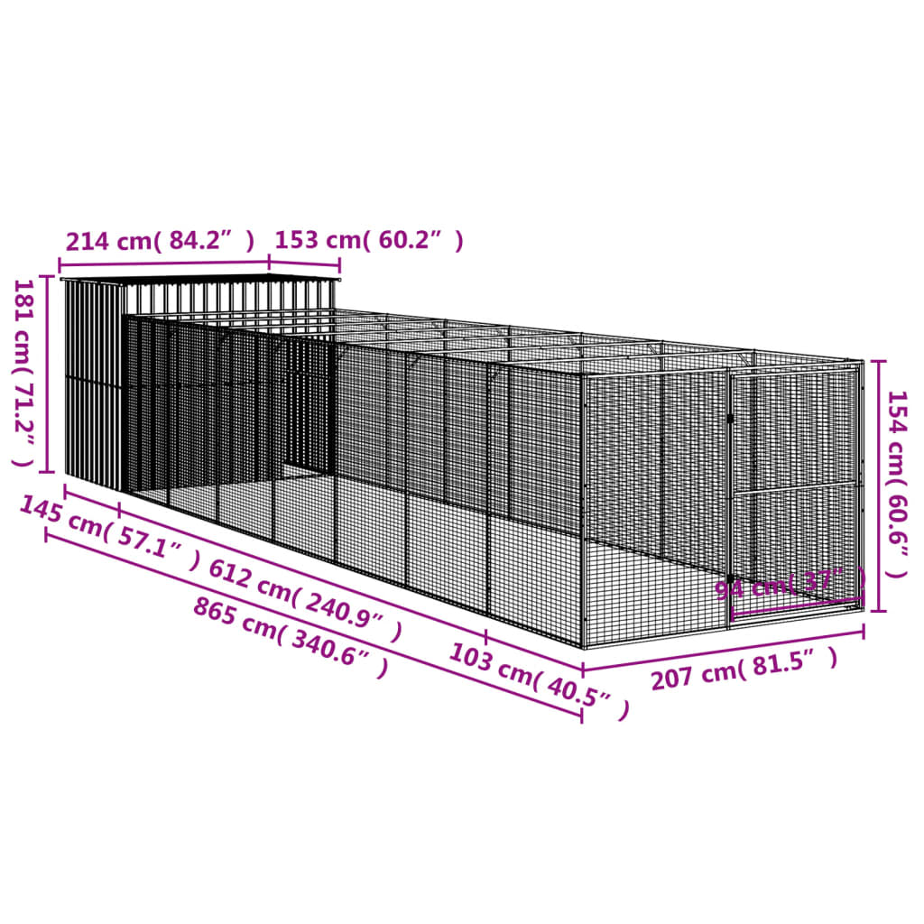 vidaXL Casota p/ cães c/ parque 214x865x181 cm aço galvaniz. antracite