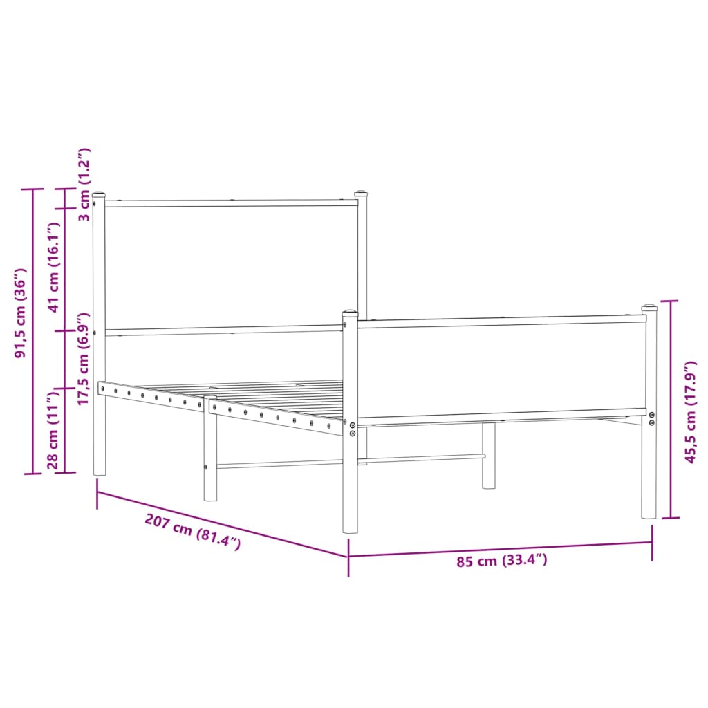 vidaXL Estrutura de cama sem colchão 80x200 cm metal carvalho castanho