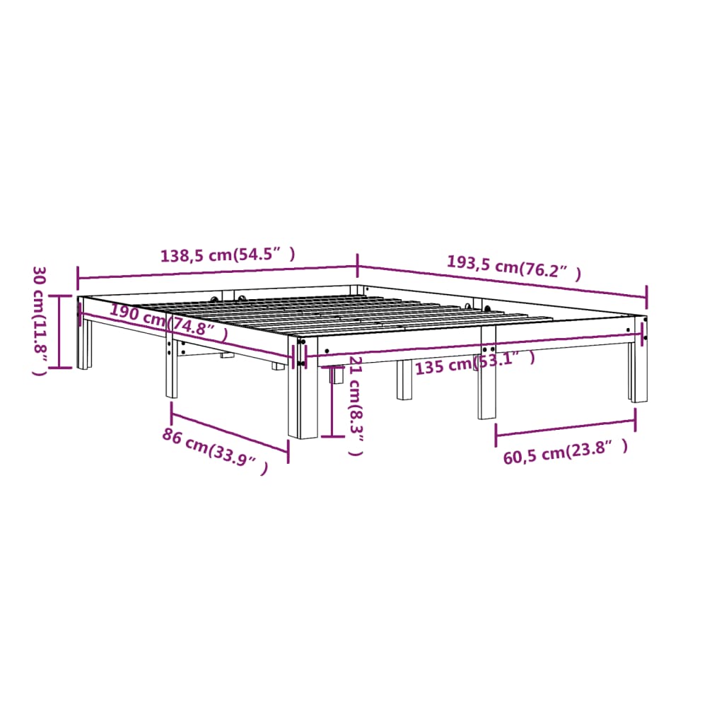 vidaXL Estrutura de cama casal 135x190 cm madeira maciça preto