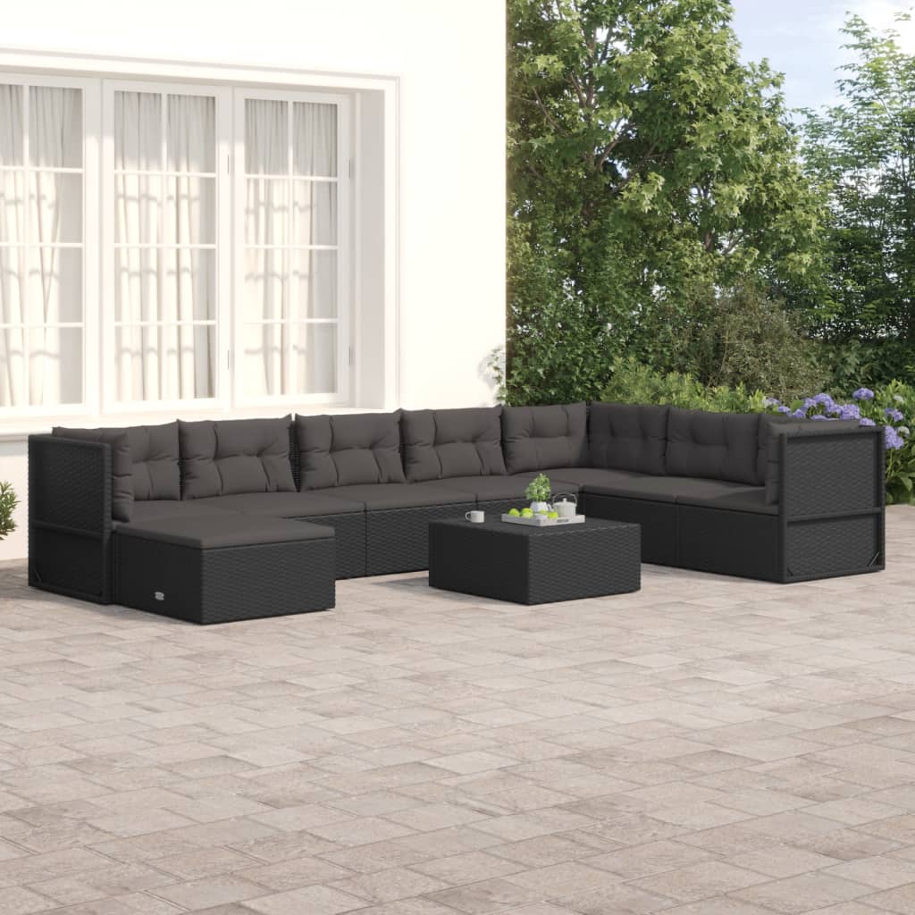 vidaXL 8 pcs conjunto lounge de jardim c/ almofadões vime PE preto