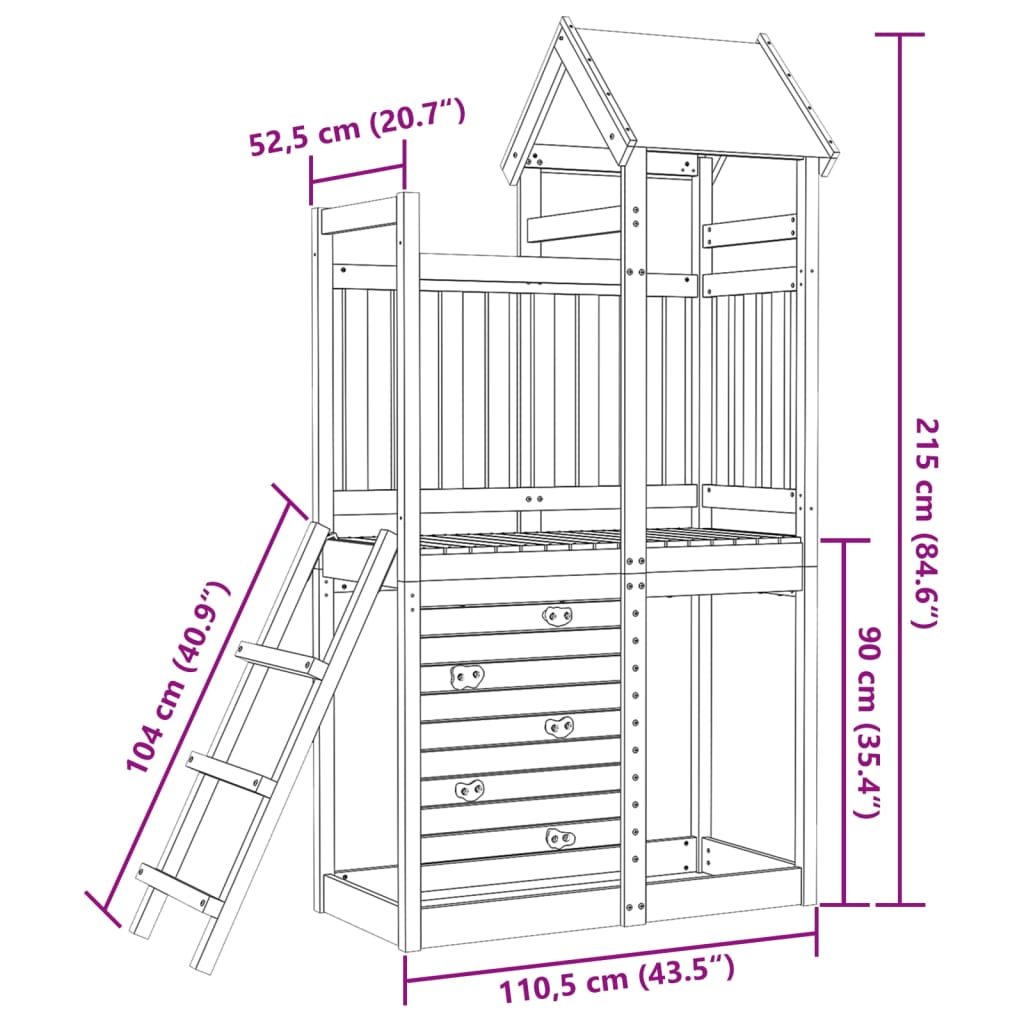 vidaXL Torre de brincar + parede escalar 110,5x52,5x215cm pinho maciço