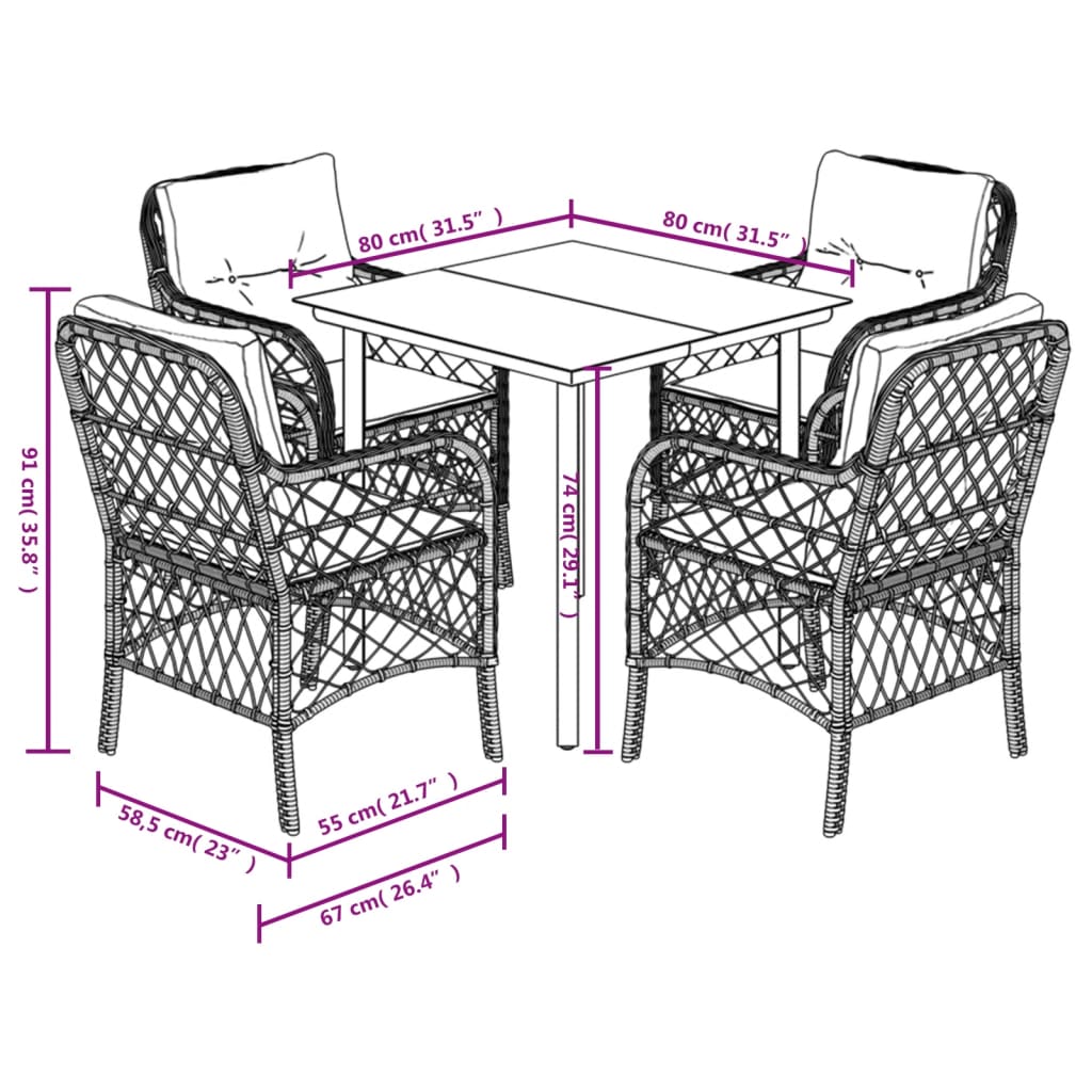 vidaXL 5 pcs conjunto de jantar p/ jardim c/ almofadões vime PE preto