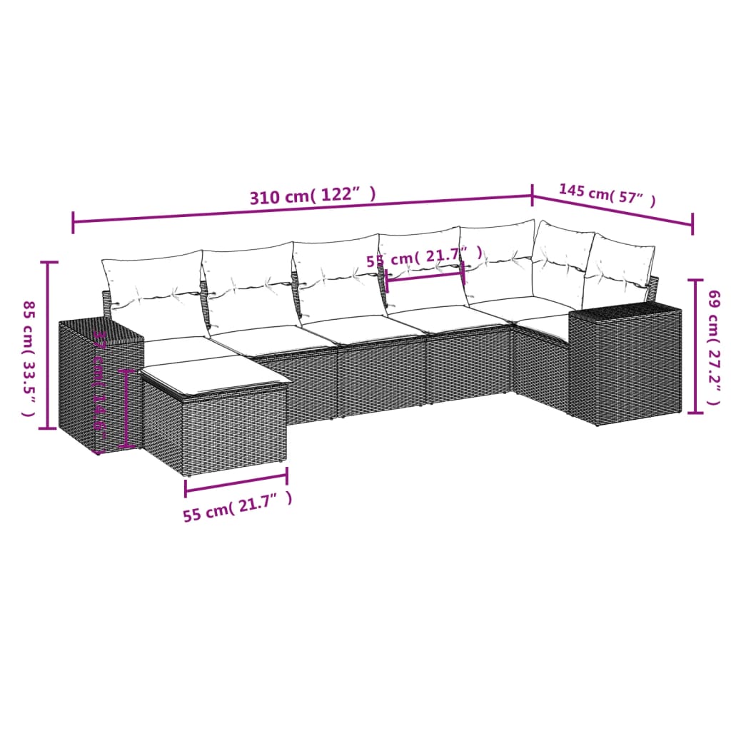 vidaXL 7 pcs conjunto de sofás p/ jardim com almofadões vime PE bege