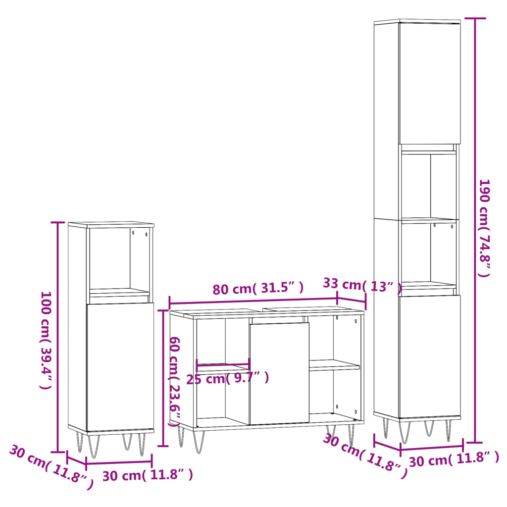 vidaXL 3pcs conj. móveis casa banho derivados madeira branco brilhante