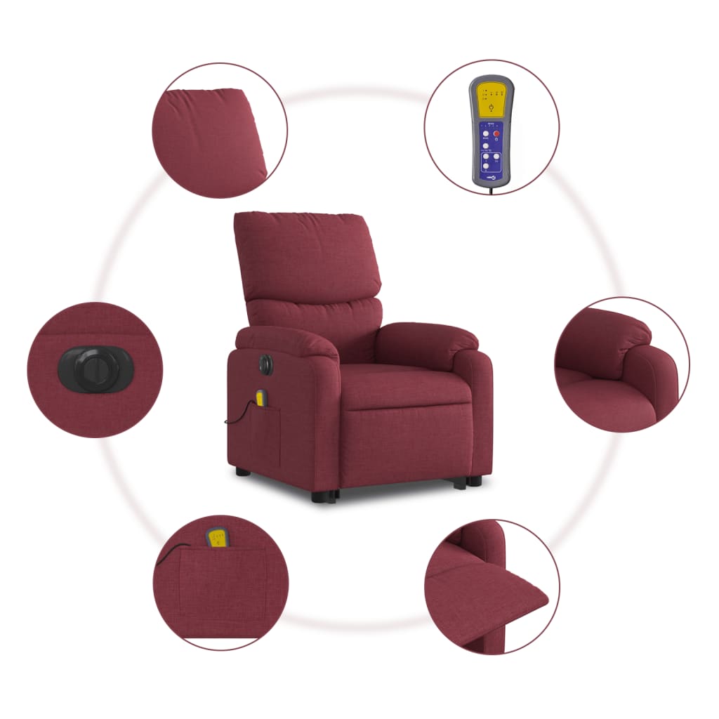 vidaXL Poltrona elevatória de massagens elétrica tecido vermelho tinto