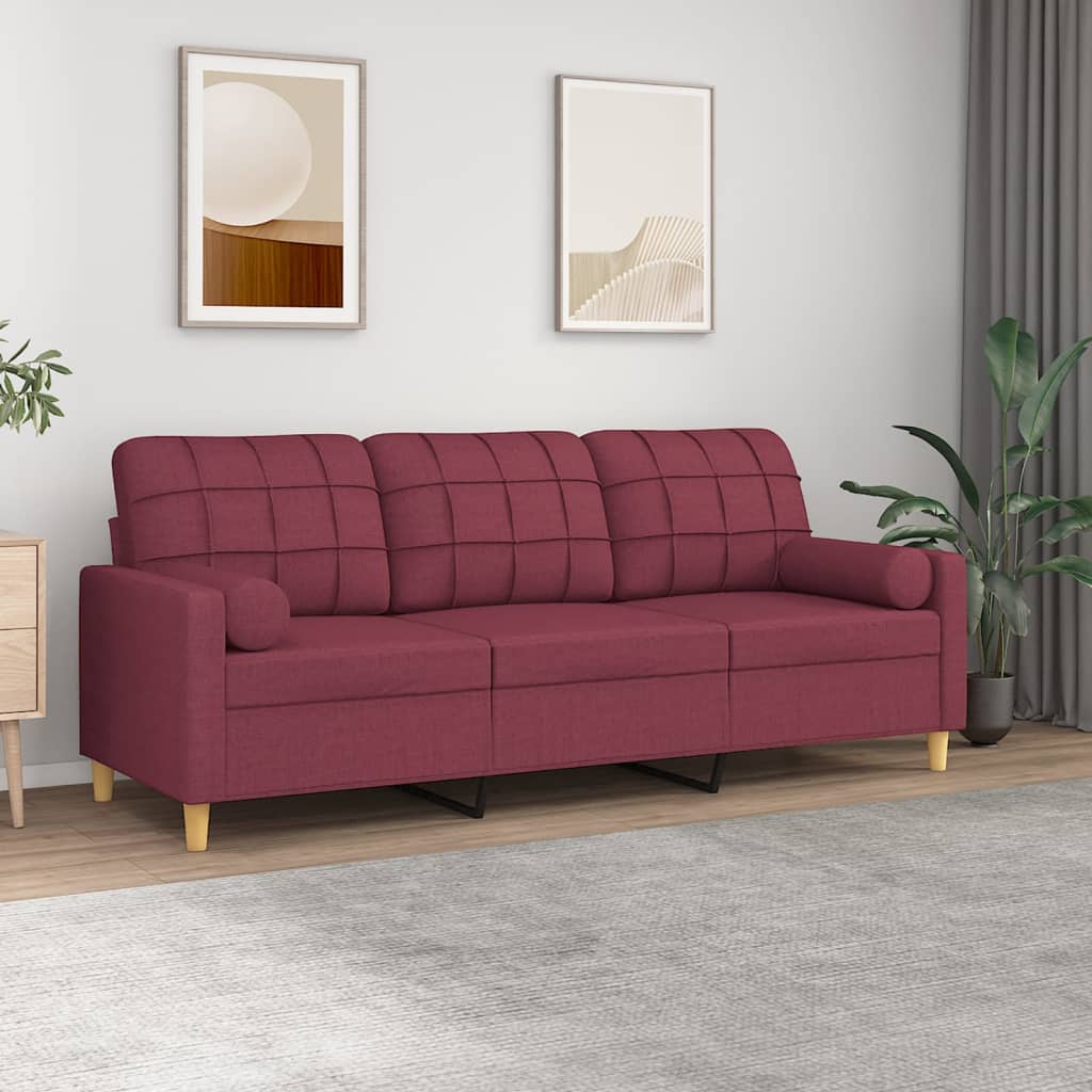 vidaXL Sofá 3 lug. + almofadas decorativas 180cm tecido vermelho tinto