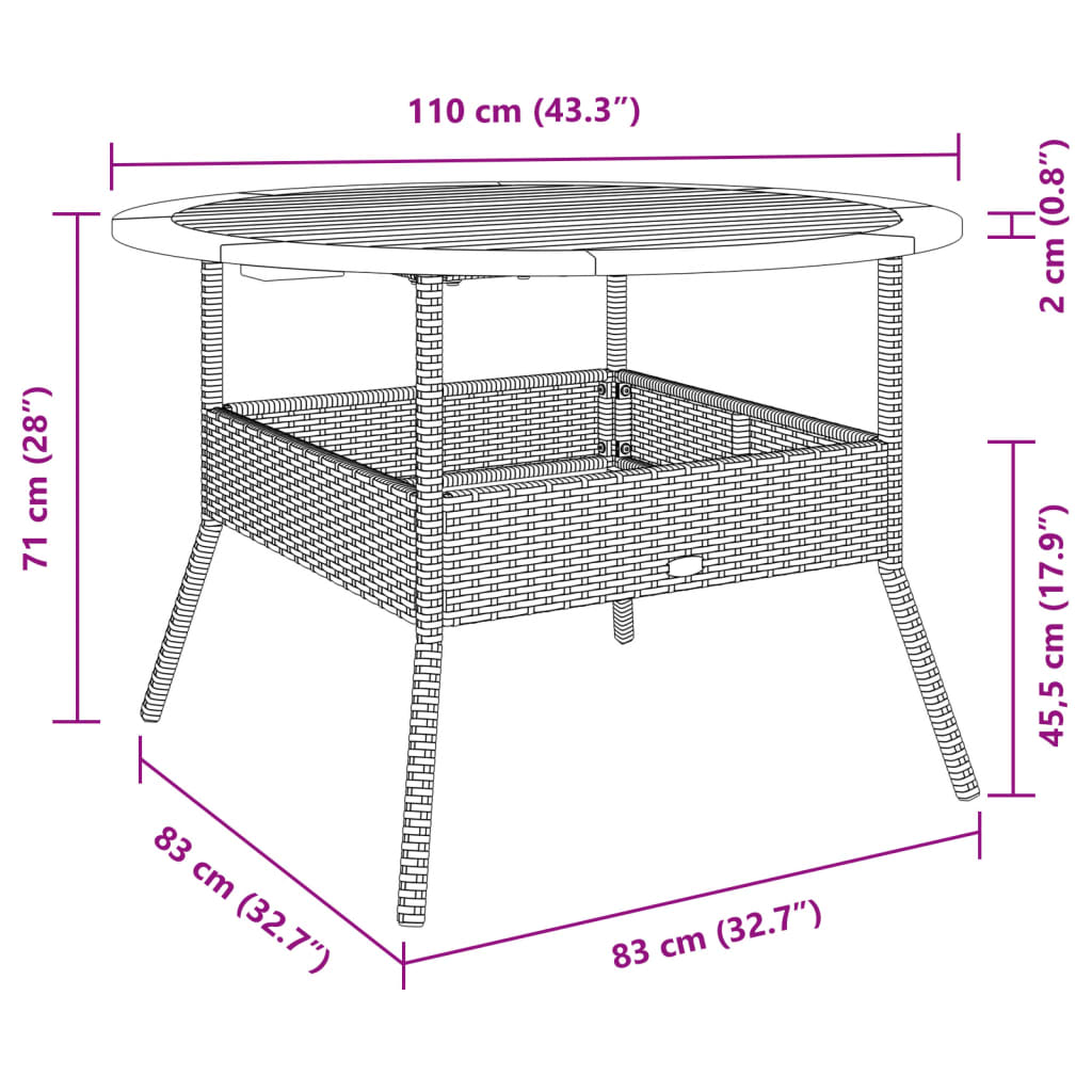 vidaXL Mesa de jardim com tampo de acácia Ø110x71 cm vime PE bege