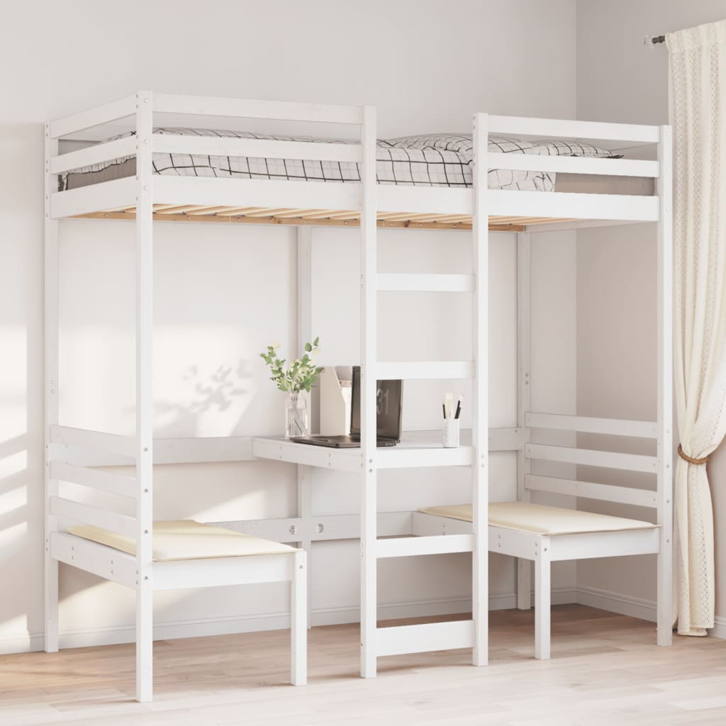 vidaXL Cama alta c/ secretária/cadeiras 75x190 cm pinho maciço branco