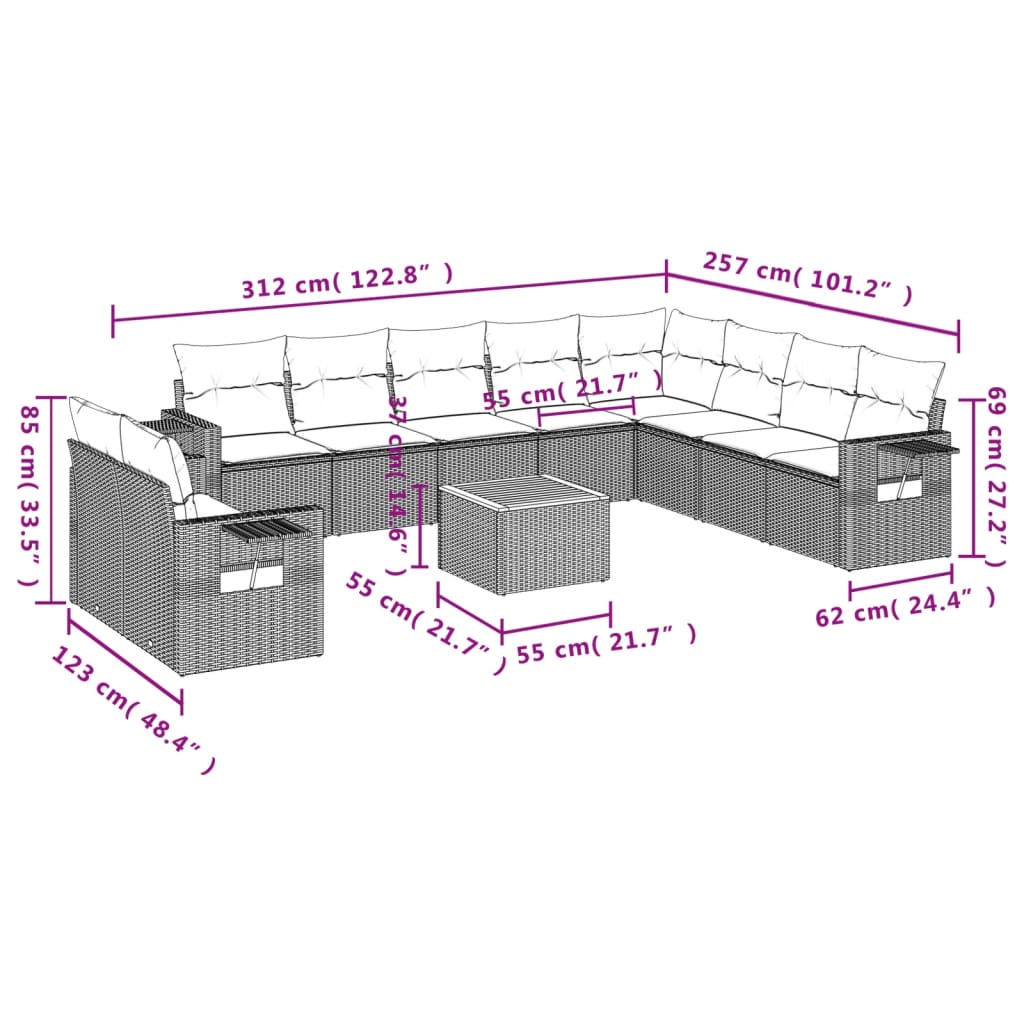 vidaXL 11 pcs conjunto sofás de jardim c/ almofadões vime PE cinzento