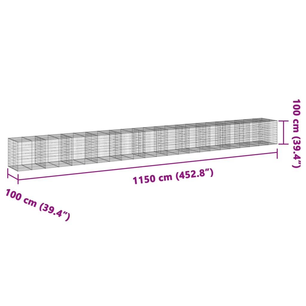 vidaXL Cesto gabião com cobertura 1150x100x100 cm ferro galvanizado