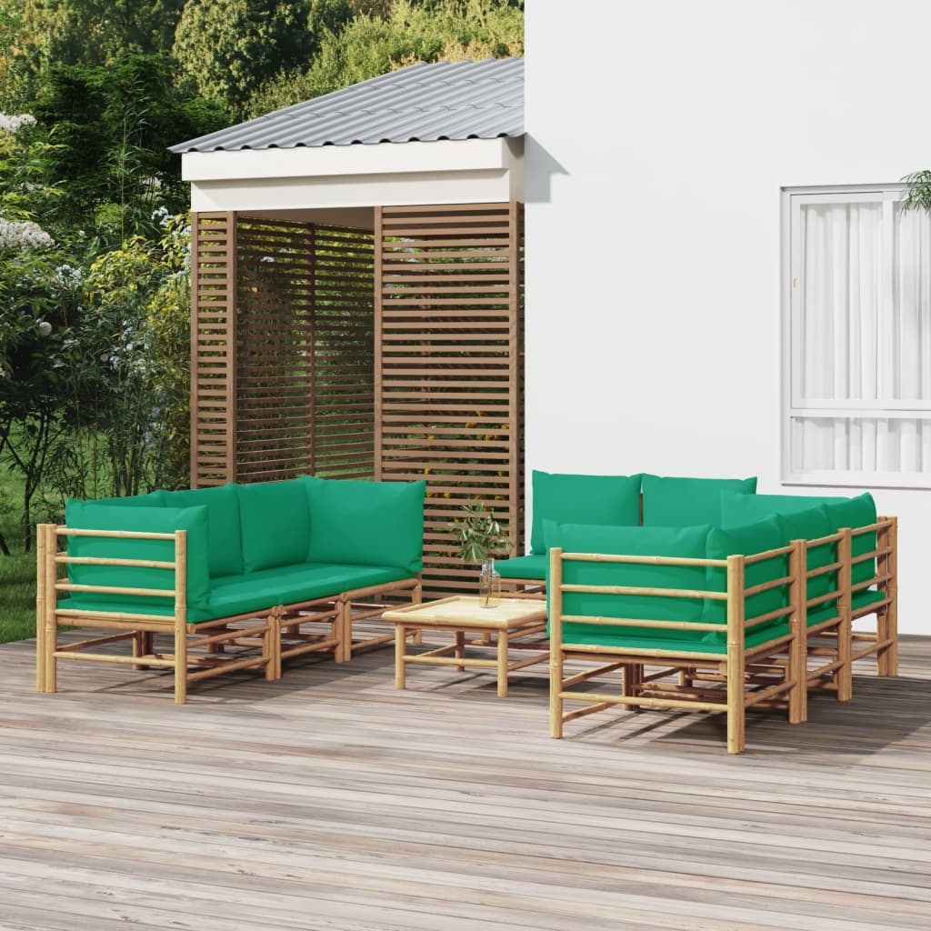 vidaXL 9 pcs conjunto lounge de jardim bambu c/ almofadões verdes