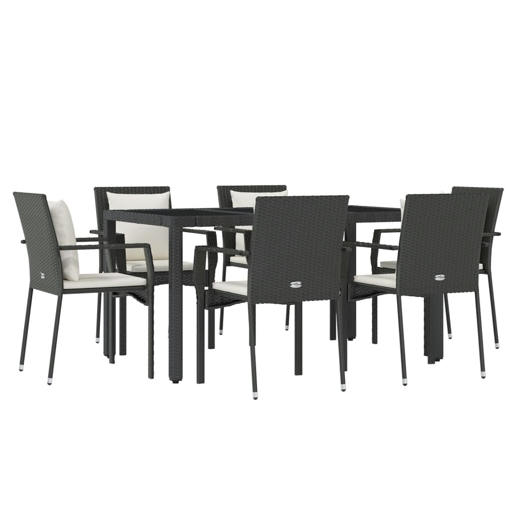 vidaXL 7 pcs conjunto de jantar p/ jardim c/ almofadões vime PE preto