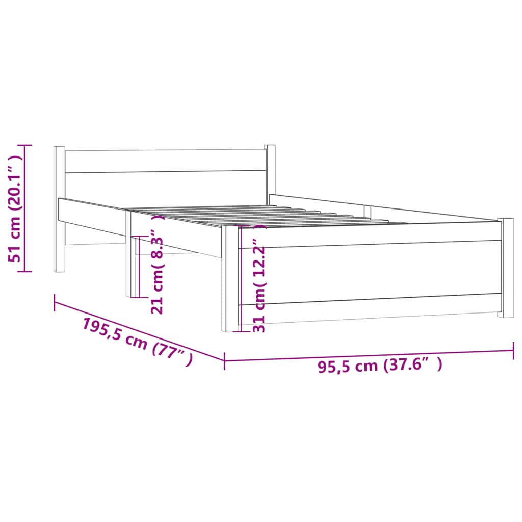 vidaXL Estrutura de cama solteiro 90x190 cm madeira maciça branco