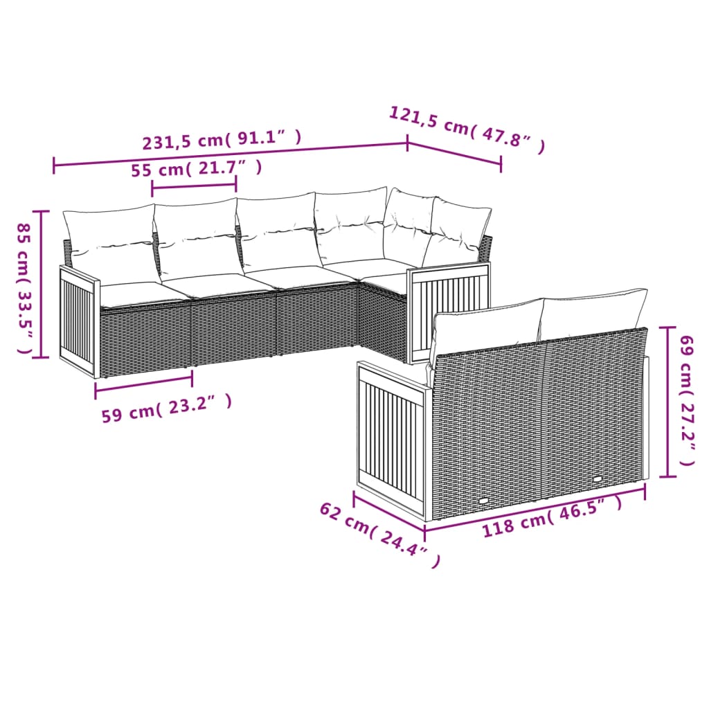 vidaXL 7 pcs conjunto de sofás p/ jardim c/ almofadões vime PE preto