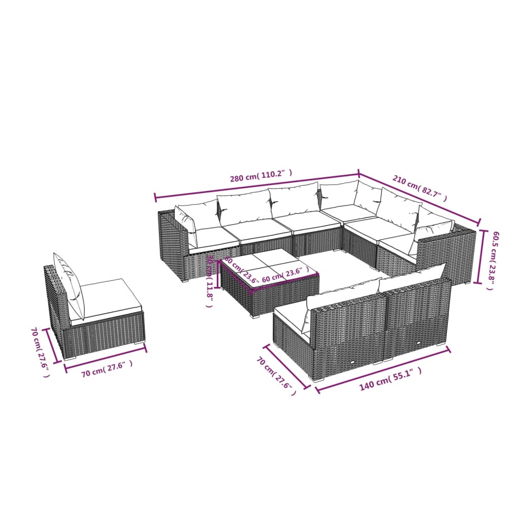 vidaXL 10 pcs conjunto lounge jardim c/ almofadões vime PE castanho