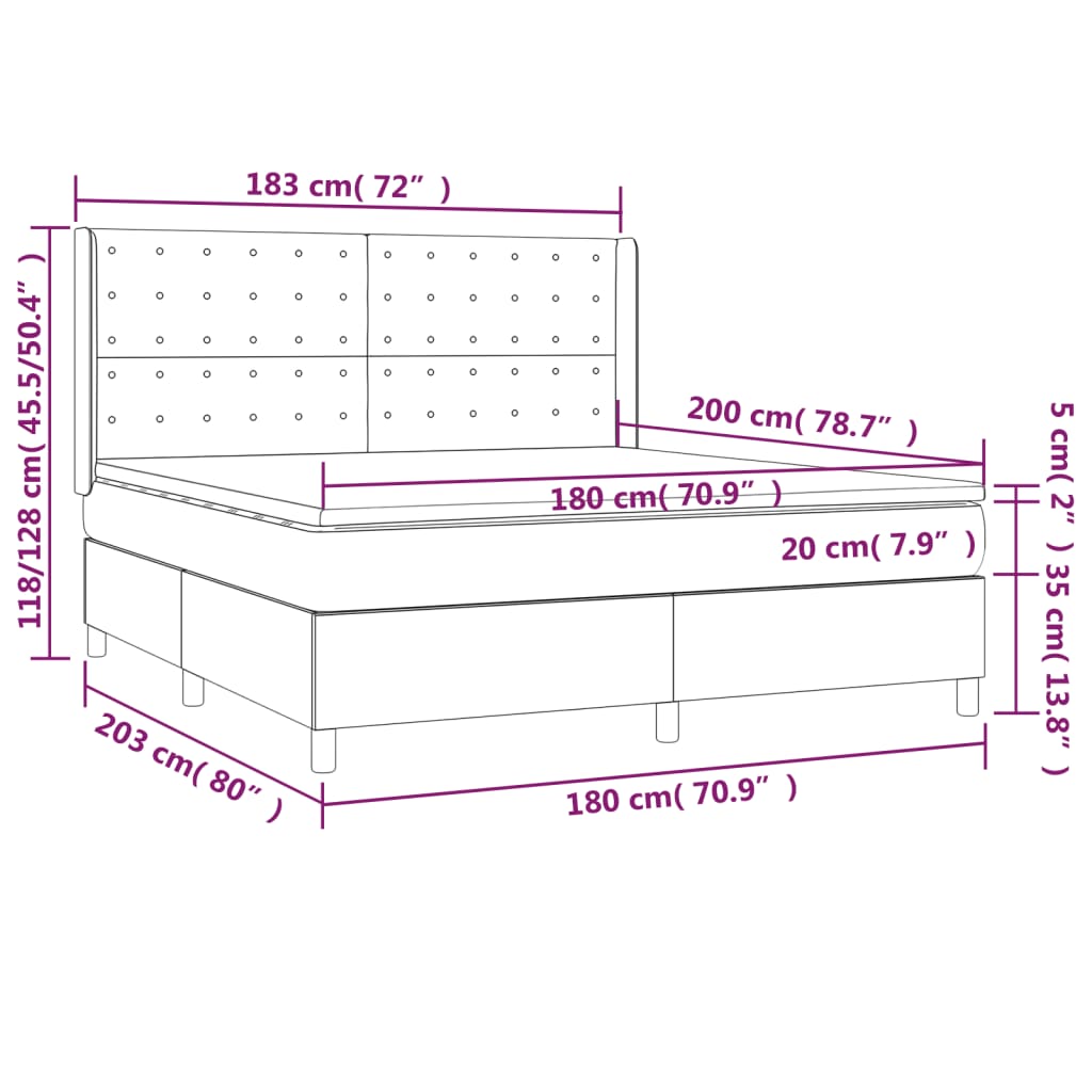 vidaXL Cama box spring c/ colchão e LED 180x200 cm tecido cinza-escuro