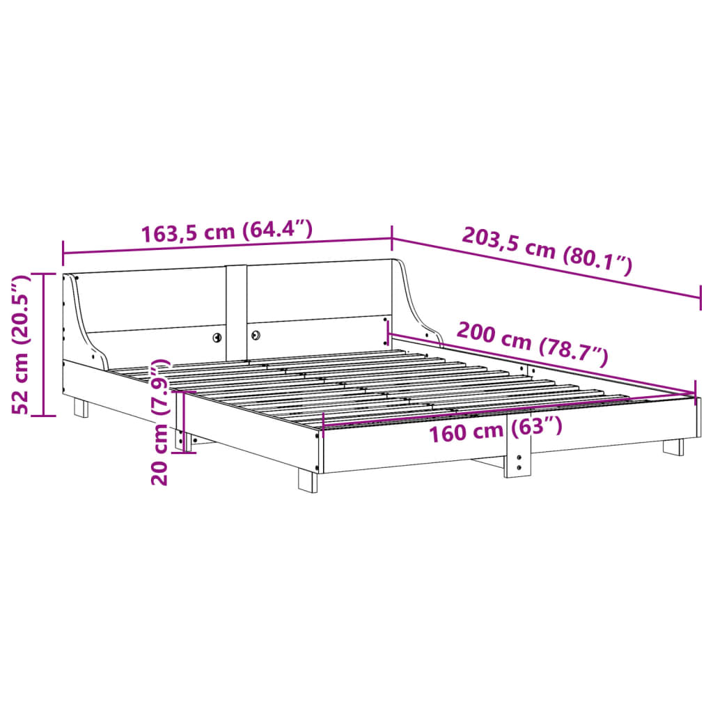 vidaXL Cama sem colchão 160x200 cm madeira pinho maciço castanho-mel