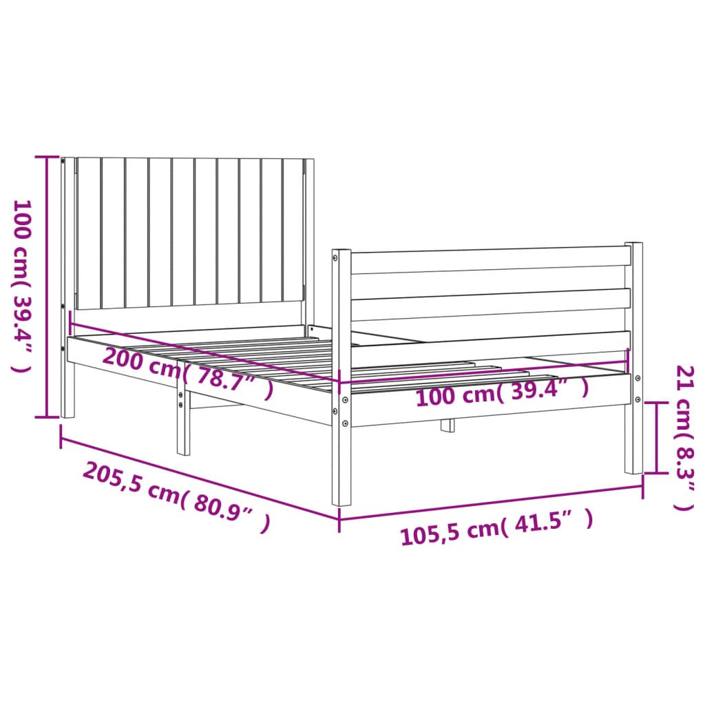 vidaXL Estrutura de cama com cabeceira 100x200 cm madeira maciça