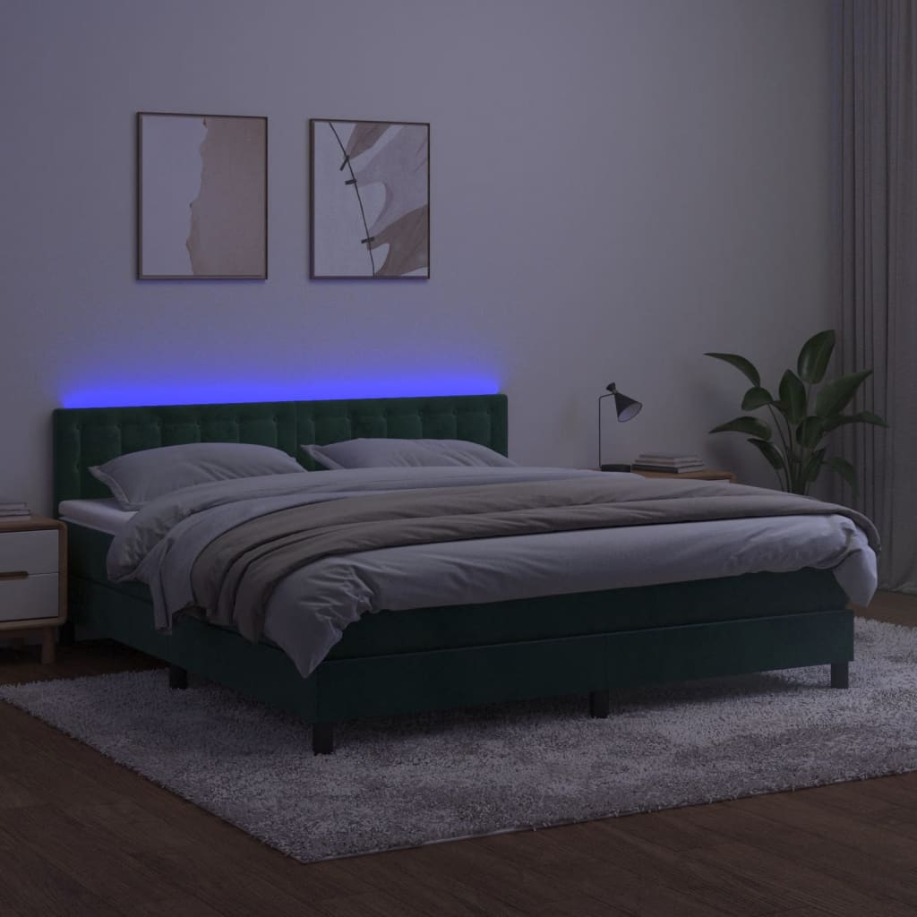 vidaXL Cama box spring c/ colchão/LED 180x200 cm veludo verde-escuro