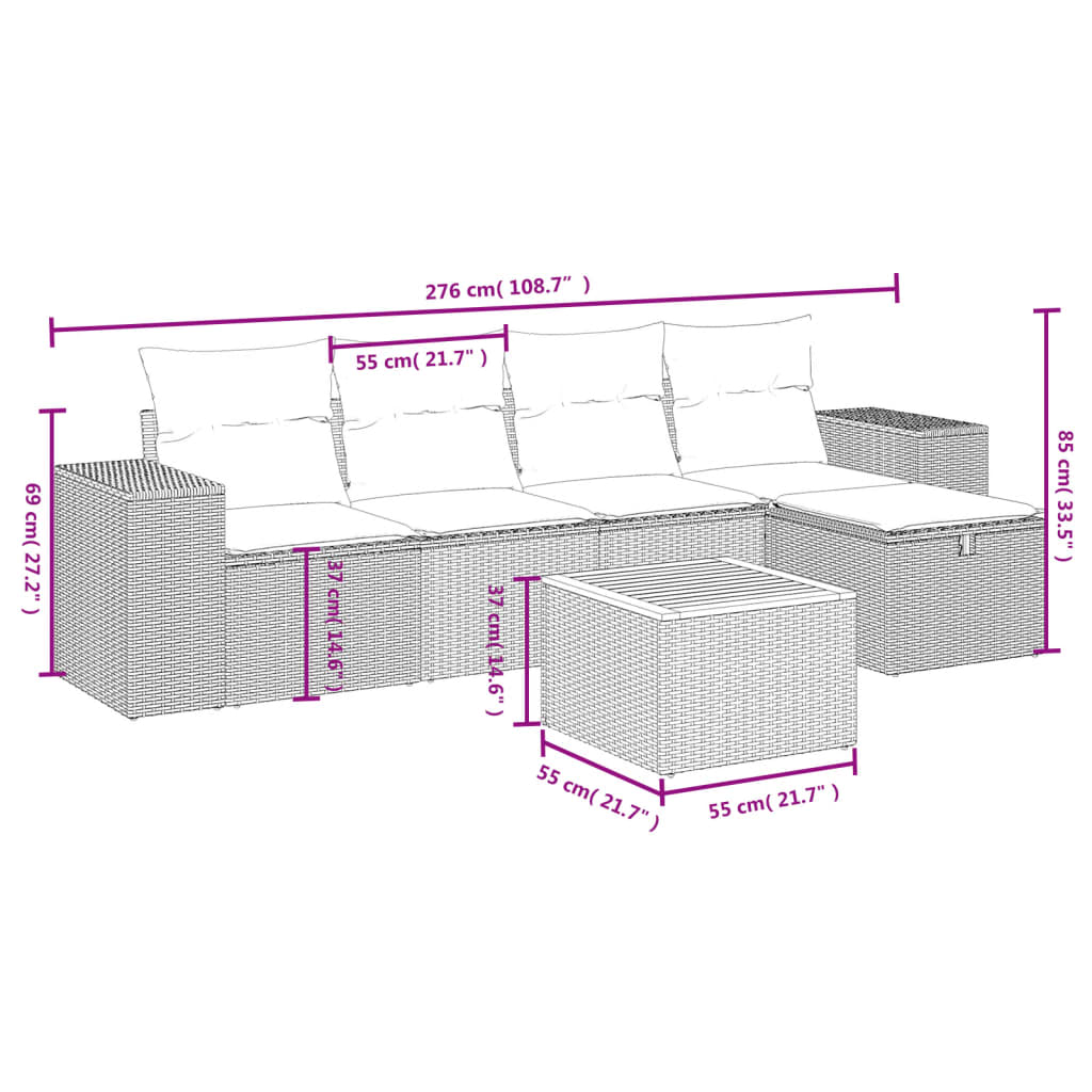 vidaXL 6 pcs conj. sofás jardim c/ almofadões vime PE bege misturado