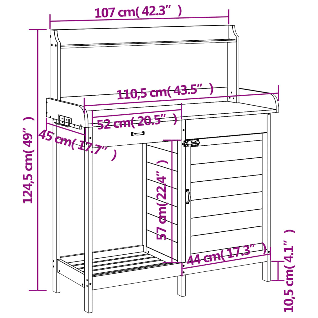 vidaXL Mesa de cultivo c/ armário 110,5x45x124,5 cm abeto maciço