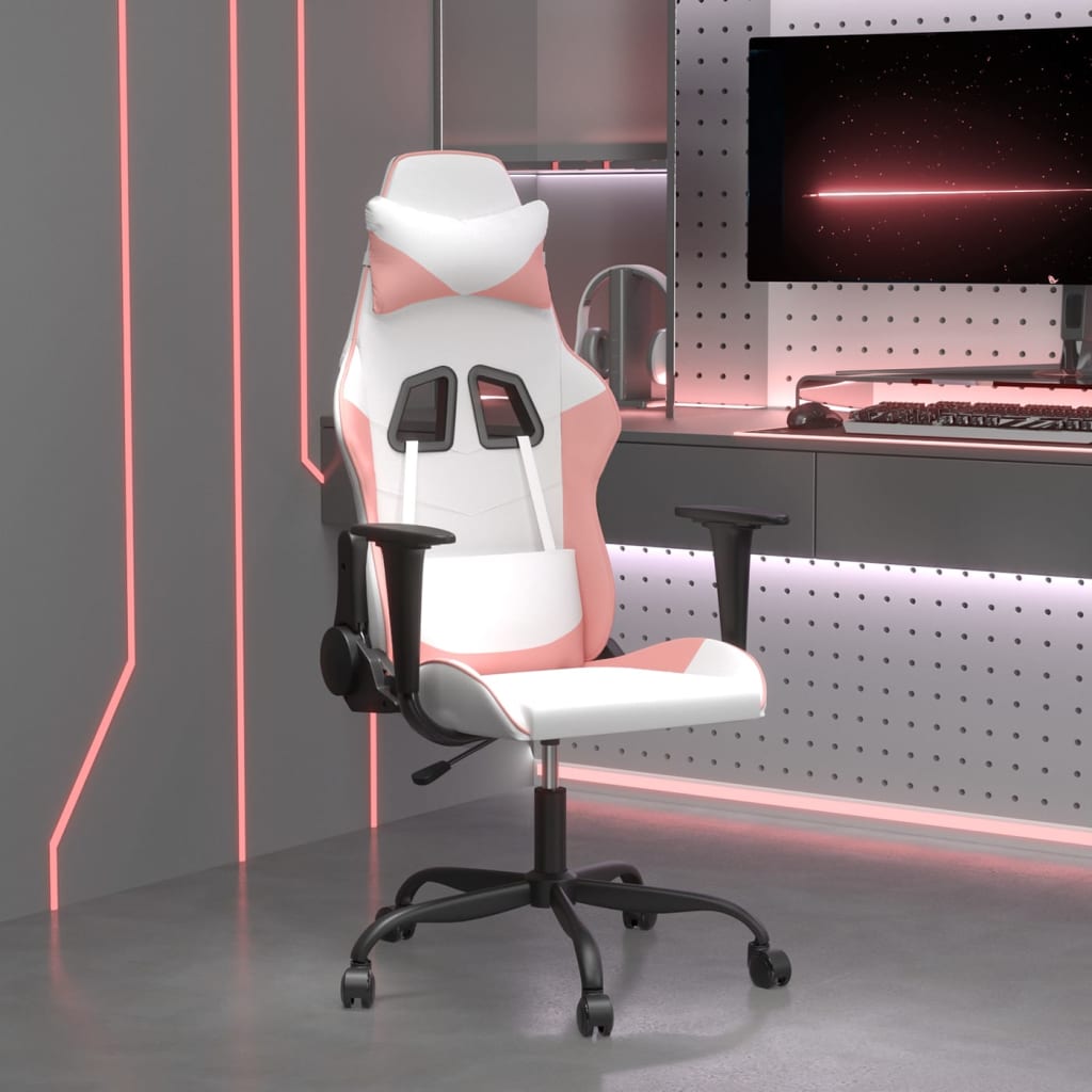 vidaXL Cadeira gaming couro artificial branco e rosa