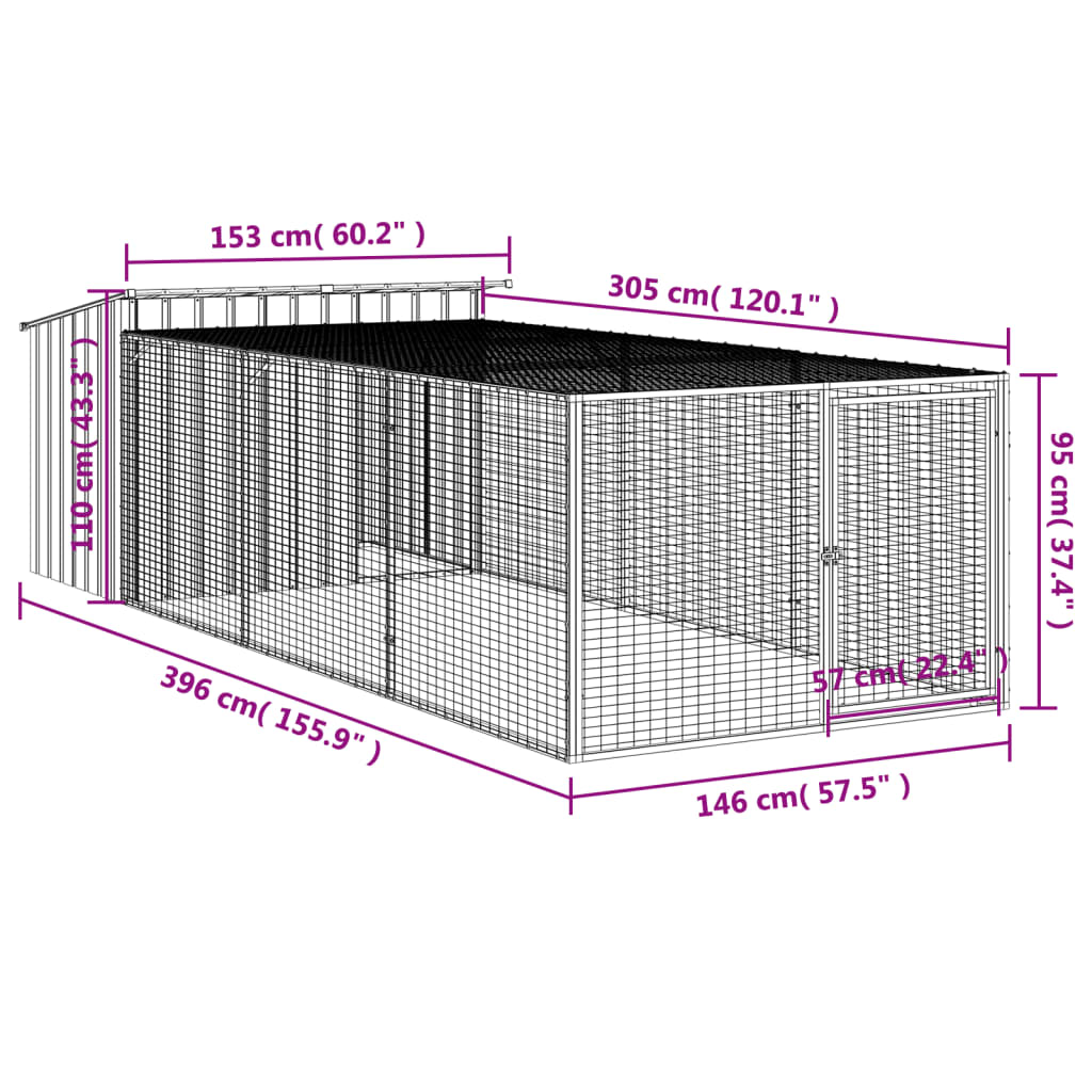 vidaXL Casota p/ cães c/ parque 153x396x110 cm aço galvaniz. antracite