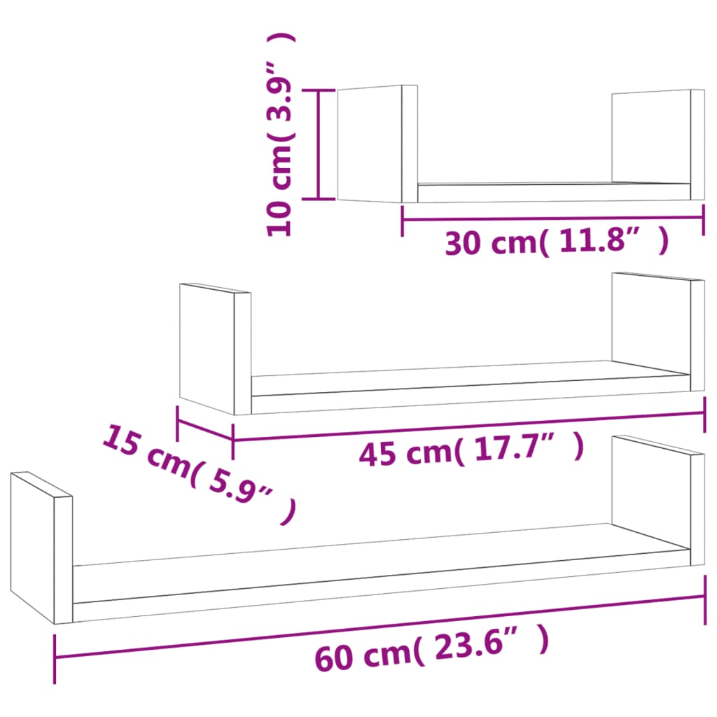 vidaXL Prateleiras exp. parede 3pcs madeira proc. carvalho castanho