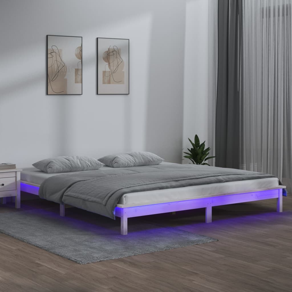 vidaXL Estrutura de cama c/ LED casal 135x190 cm madeira maciça branco