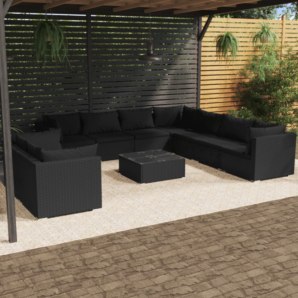 vidaXL 10 pcs conjunto lounge de jardim c/ almofadões vime PE preto