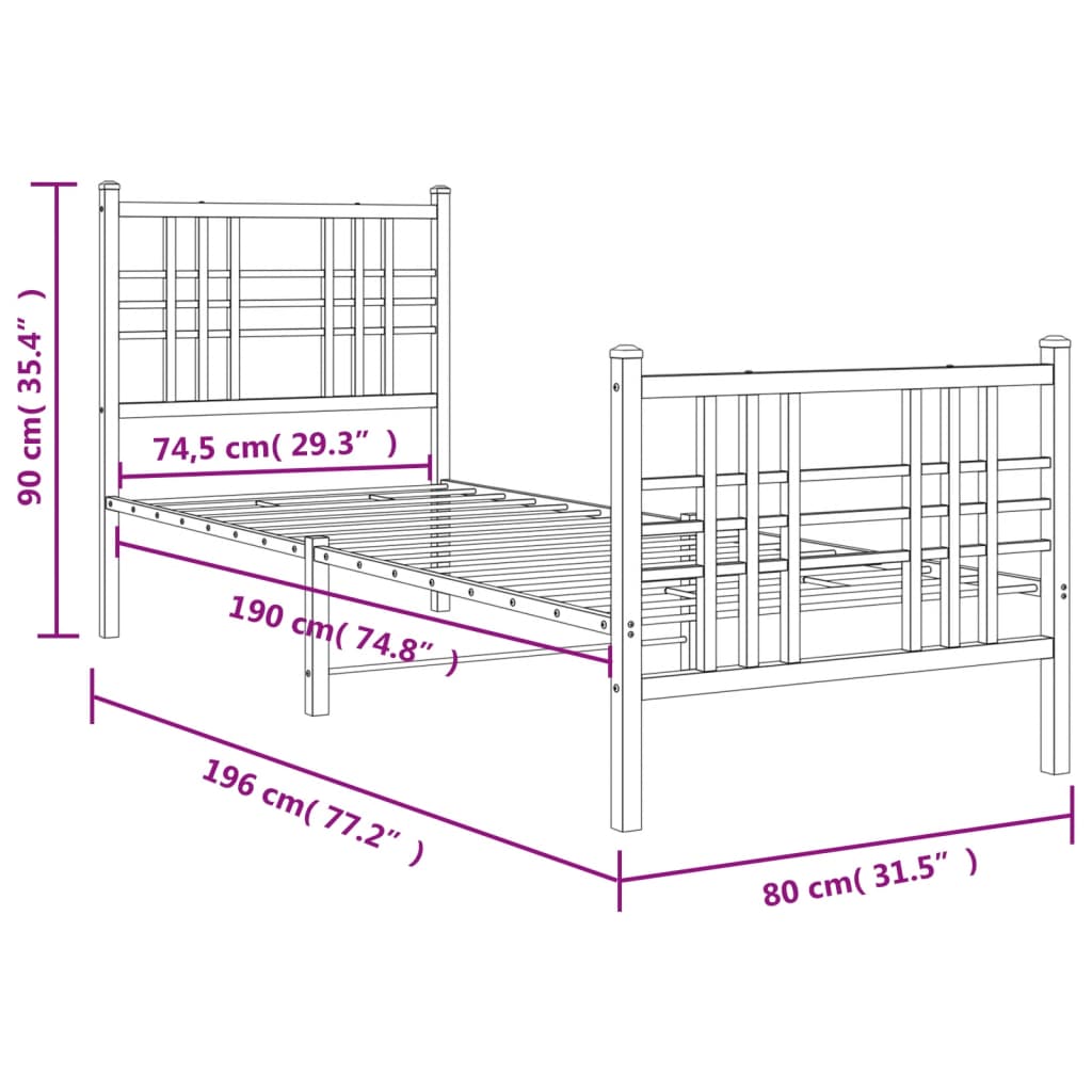 vidaXL Estrutura de cama com cabeceira e pés 75x190 cm metal branco