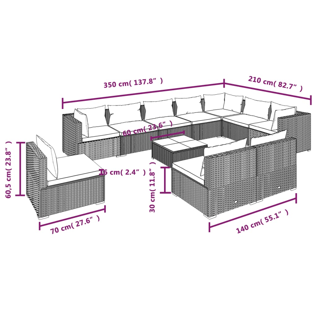 vidaXL 11 pcs conjunto lounge de jardim c/ almofadões vime PE castanho