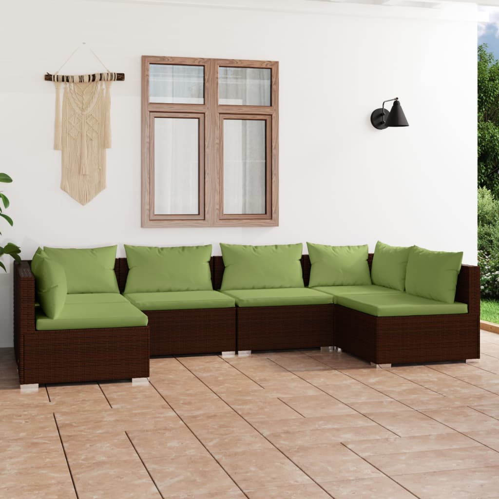 vidaXL 6 pcs conjunto lounge de jardim c/ almofadões vime PE castanho