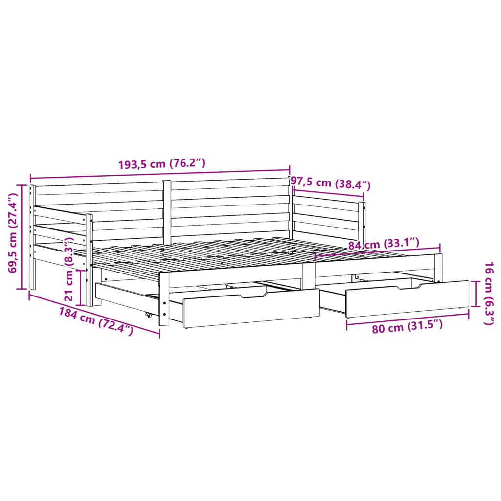 vidaXL Sofá-cama c/ gavetão e gavetas branco 90x190cm madeira de pinho