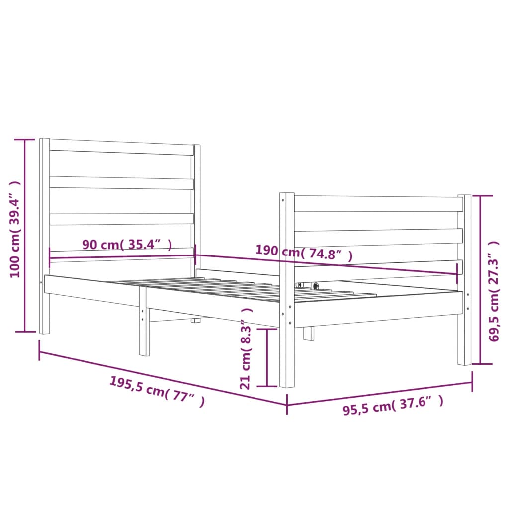 vidaXL Estrutura de cama solteiro 90x190 cm pinho maciço