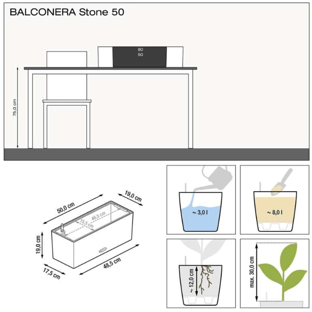 LECHUZA Floreira BALCONERA Stone 50 ALL-IN-ONE cinzento