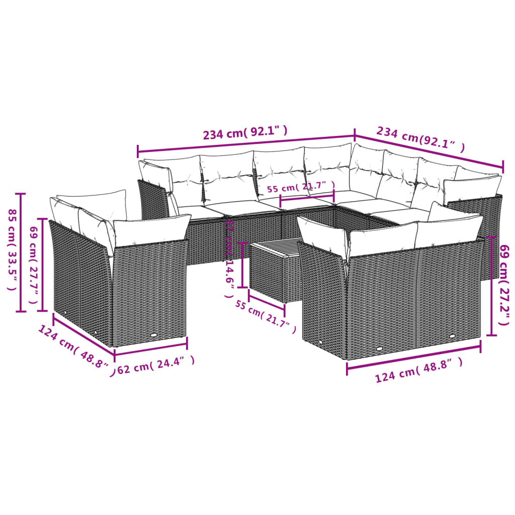 vidaXL 12 pcs conjunto de sofás jardim c/ almofadões vime PE cinzento