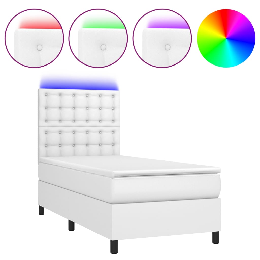 vidaXL Cama box spring c/ colchão/LED 90x200cm couro artificial branco