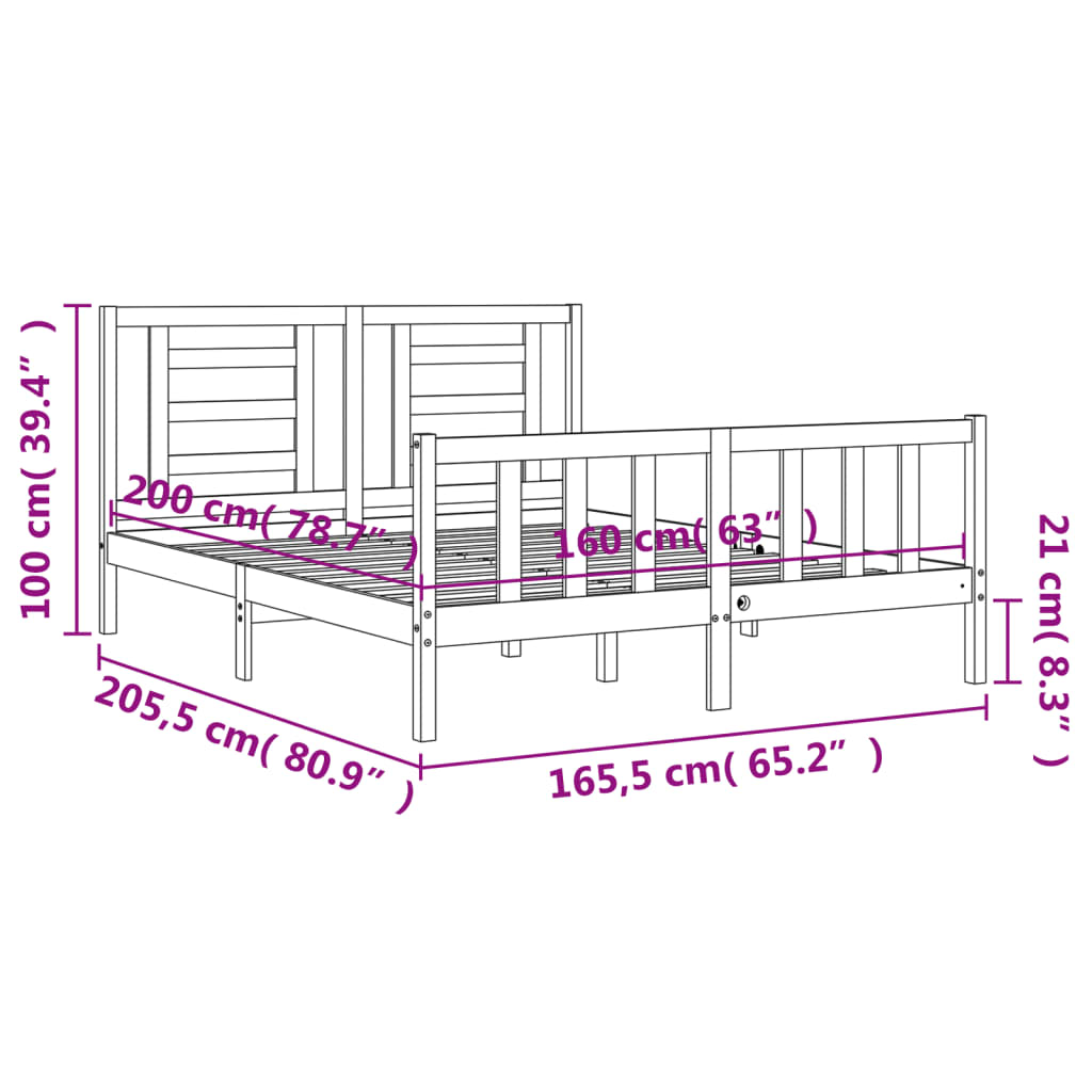 vidaXL Estrutura de cama com cabeceira 160x200 cm madeira maciça